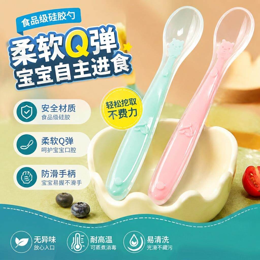 矽胶勺子新生婴儿个人专用软汤匙小号副食品米粉勺子喂水果泥吃饭