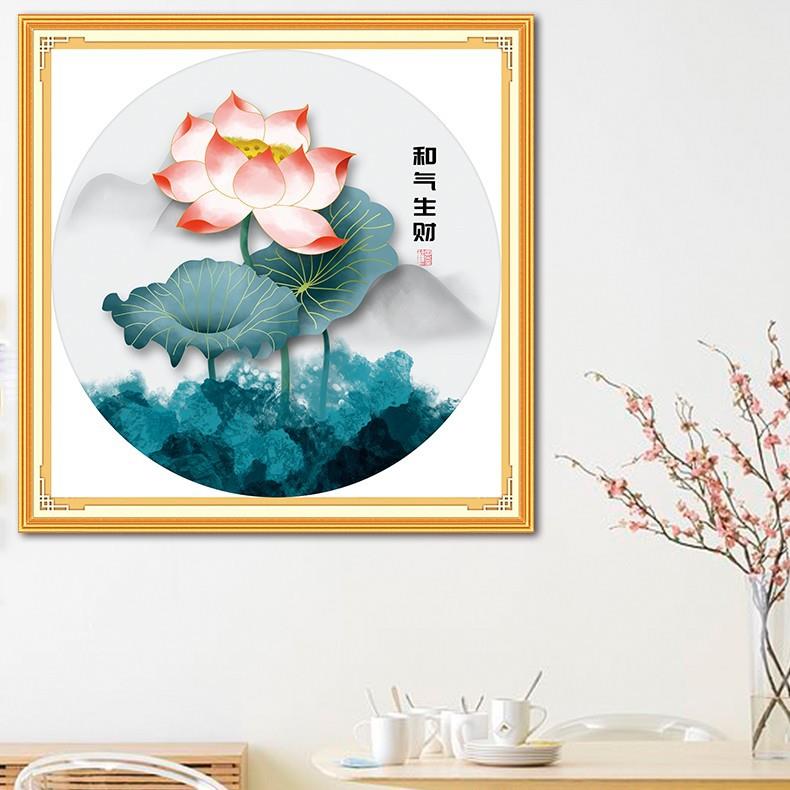 青飞新中式和气生财十字绣新款圆形莲花荷花清新刺绣小幅客厅挂画