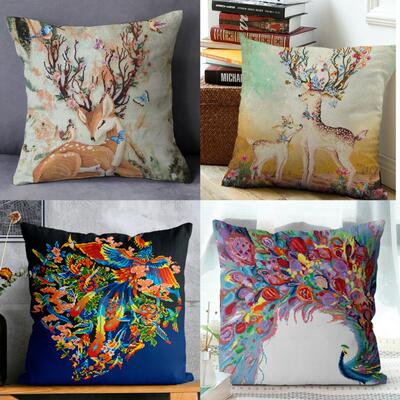 百鸟朝凤十字绣发财鹿抱枕孔雀靠垫棉线满绣汽车沙发靠枕非成品