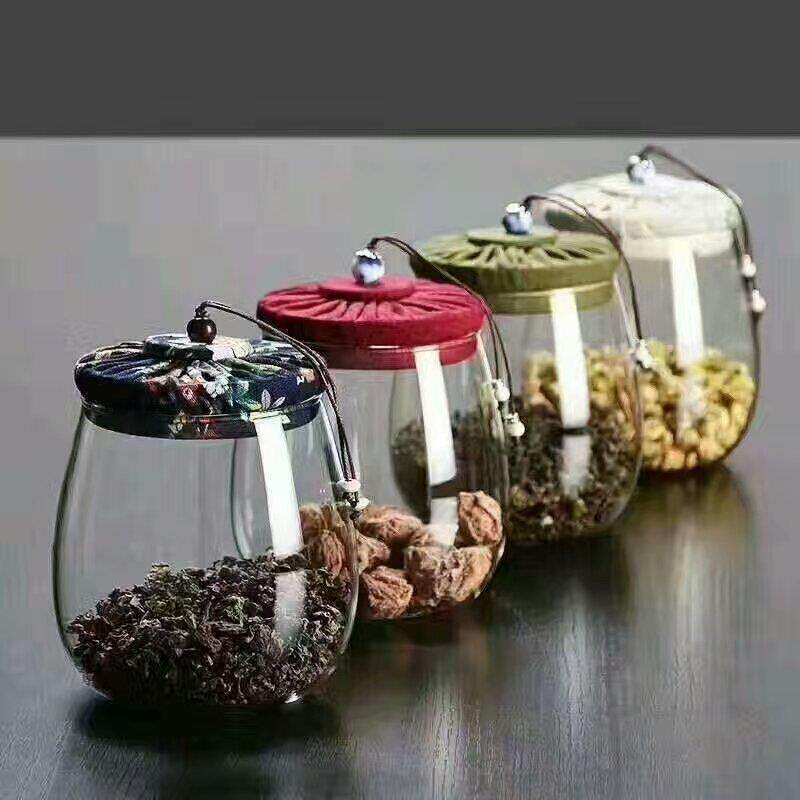 花布盖茶叶罐透明玻璃储物罐密封罐家用糖果收纳罐花茶罐密封防潮