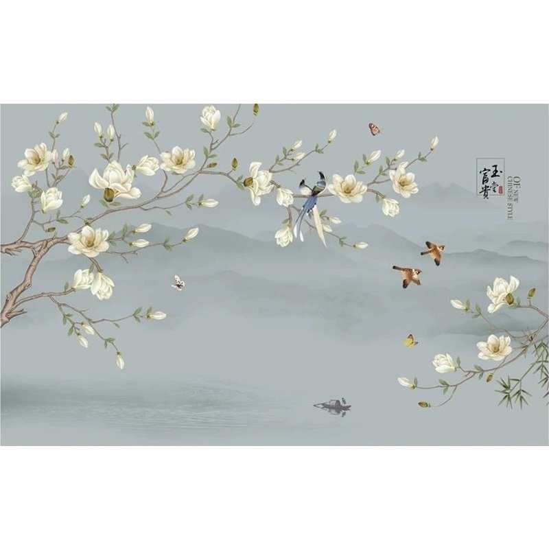 富贵背景简约手绘墙卧室花鸟花开壁画布影视墙纸茶室中式客厅电视