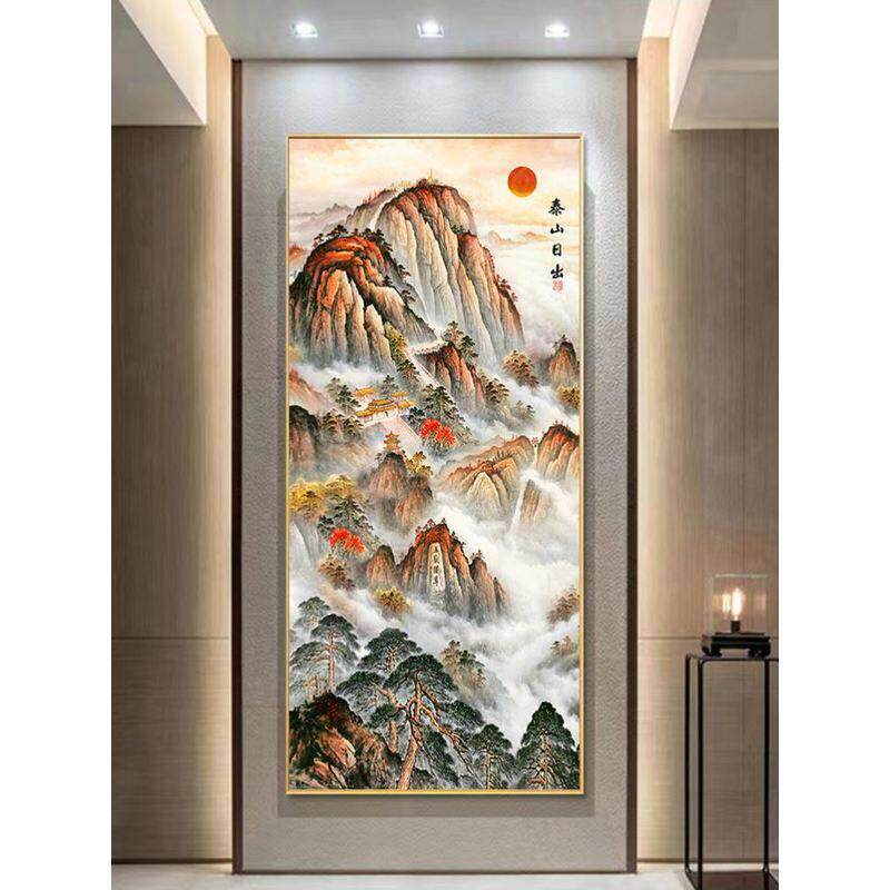 靠山图有山无水画 画入户玄关过道旭日东升泰山日出风水招财壁画