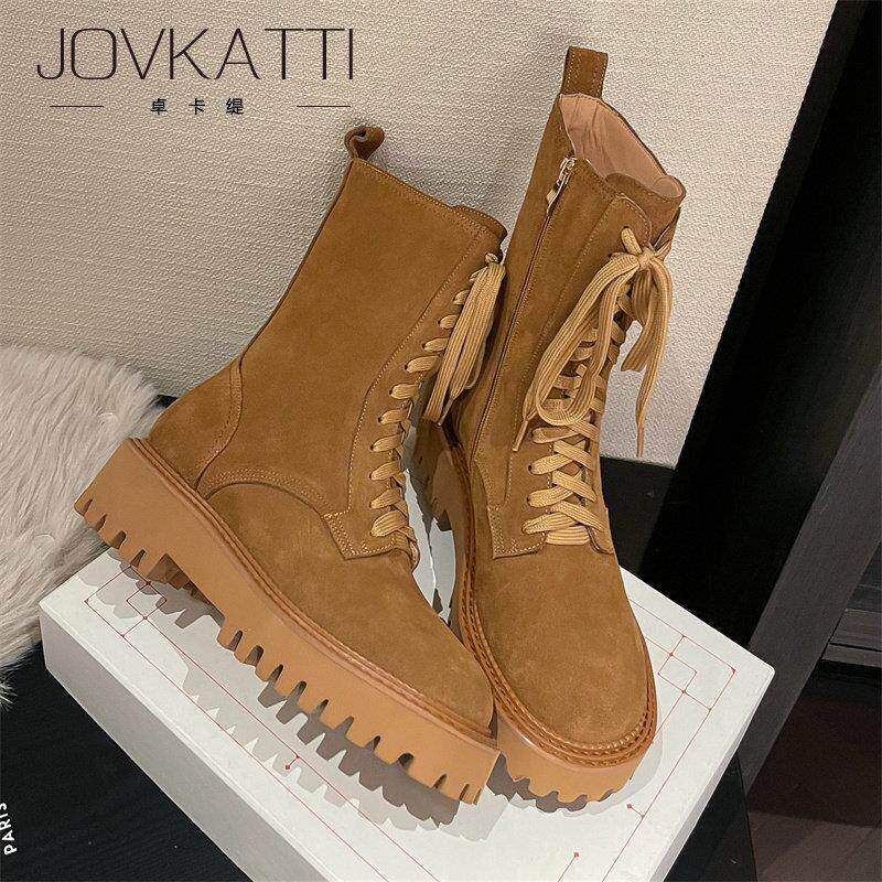 JOVKATTI马丁靴女粗跟厚底复古2025新款秋冬圆头高跟真皮磨砂短靴