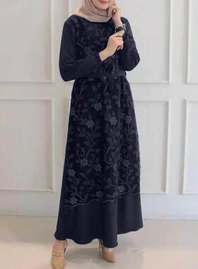 马来西亚服装复古民族风蕾丝拼接长袖长袍连衣裙Dubai robe dress