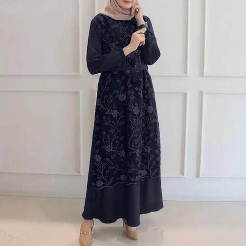 马来西亚服装复古民族风蕾丝拼接长袖长袍连衣裙Dubai robe dress