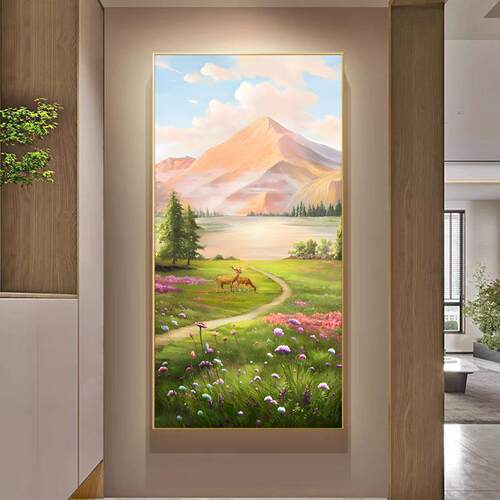 蒙娜丽莎十字绣2024新款线绣客厅玄关风景画手工绣金山麋鹿花卉