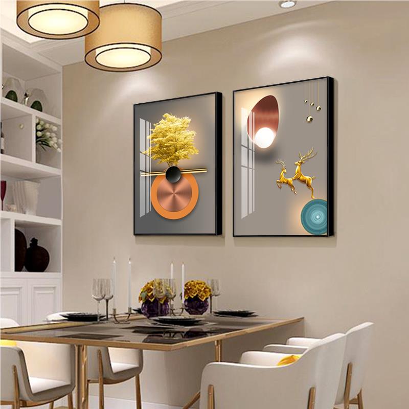创意轻奢餐厅装饰画简约饭厅墙画卧室背景墙壁画北欧晶瓷二联挂画图片