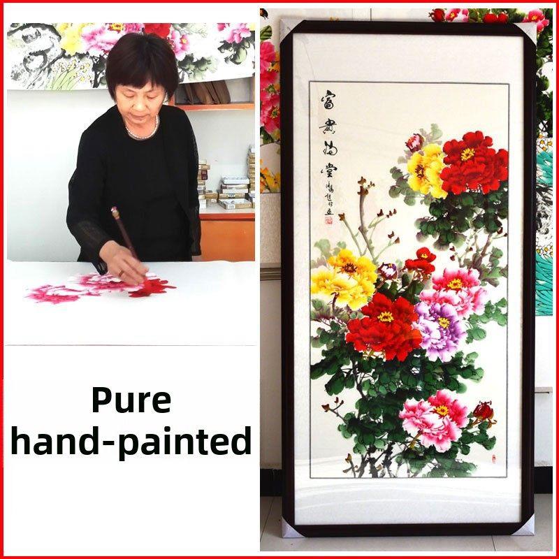 中国画牡丹花挂画手绘入口客厅画竖向装饰画鲜花盛开财富卷轴手绘
