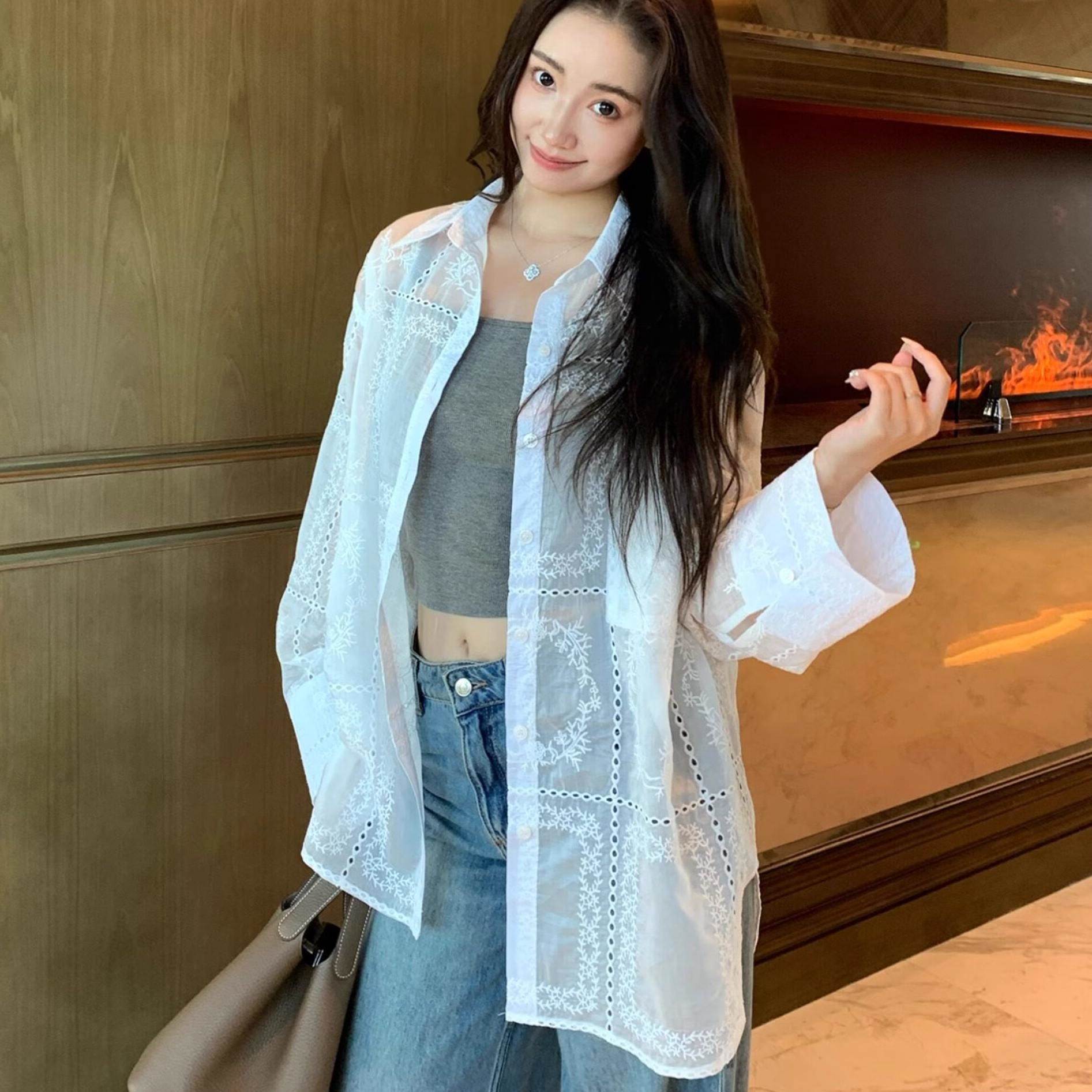 夏季白色天丝透气小方领水溶绣花镂空宽松显瘦百搭长袖衬衫女138