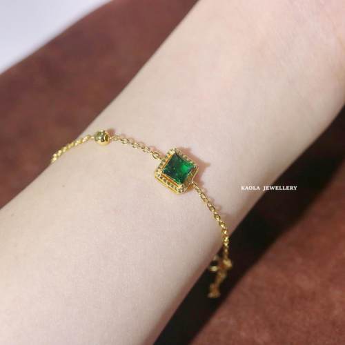 正品祖母方糖手镯妇女的黄金银祖母绿方单绿钻纯石手镯豪轻华法国