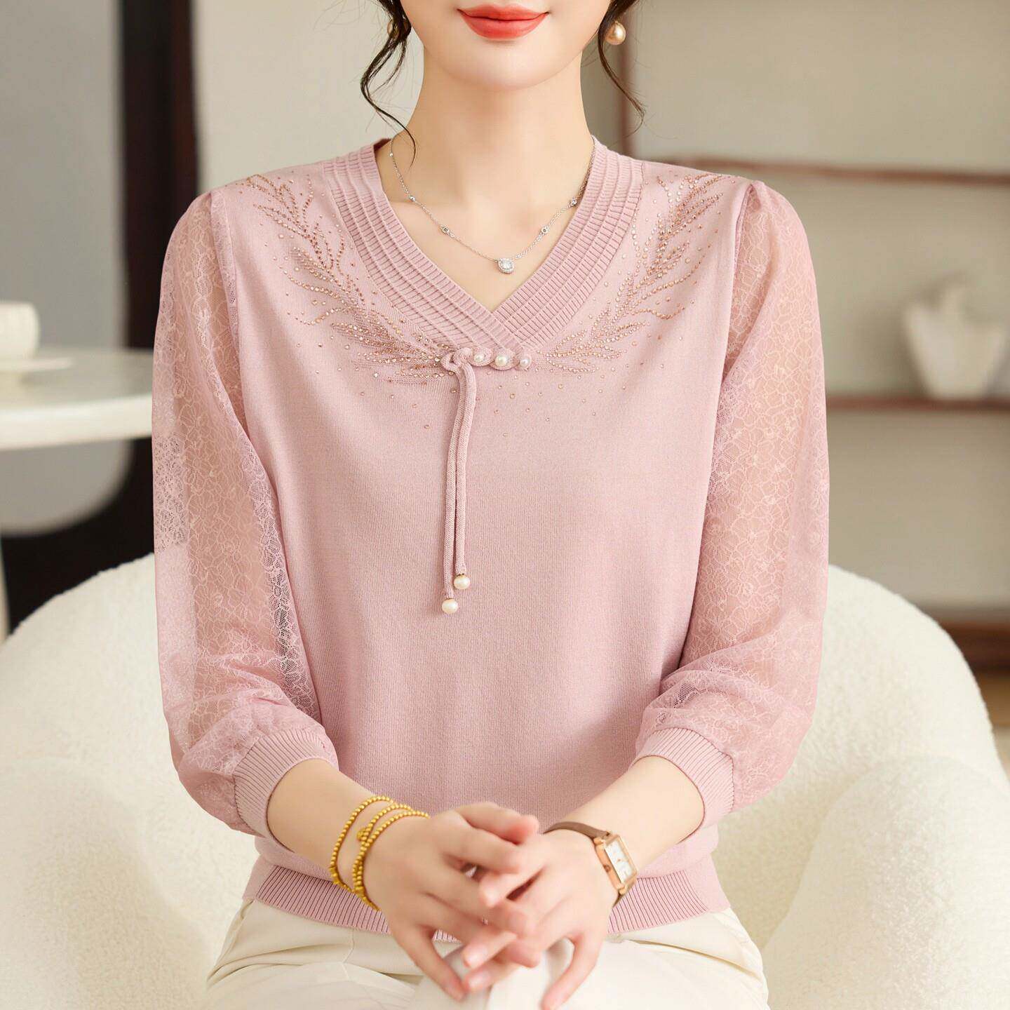 妈妈春装洋气减龄2026新款蕾丝V领纱袖上衣中老年女针织T恤衫套装
