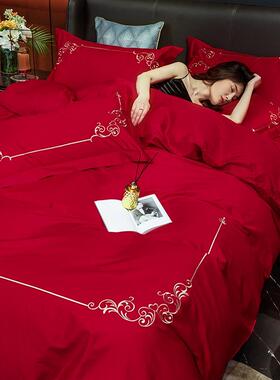 正品高档华奢100支长棉婚庆四件组全棉纯绒棉红色床大单结婚床上