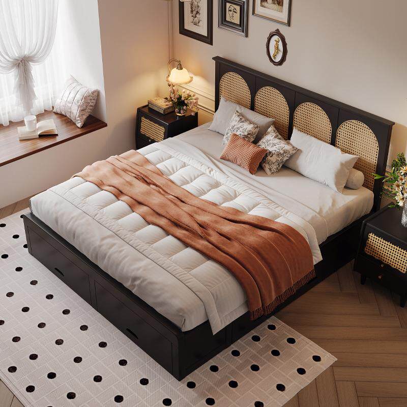 美式复古实木榻榻米收纳储物高箱抽屉床主卧1米8双人胡桃色藤编床