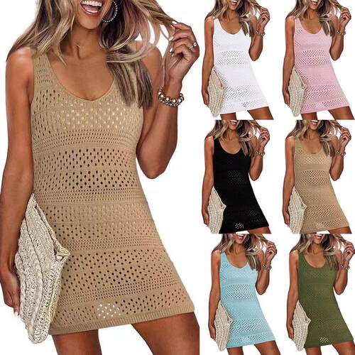 Women'S Plain Hollow Out Split Hem Cover Up Tank Dress