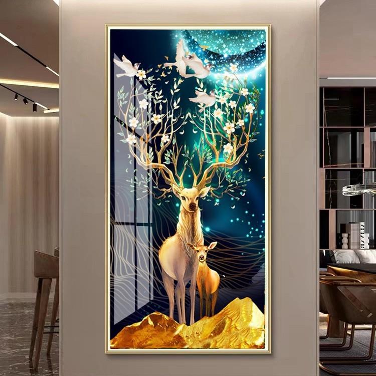镶钻高档入户玄关装饰画进门墙壁画走廊过道挂画LED带灯竖招财鹿