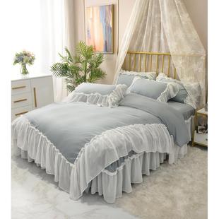 高档少女水洗棉裙四件套公主风蕾丝雪心纺.花边被套1.床5 18m床上