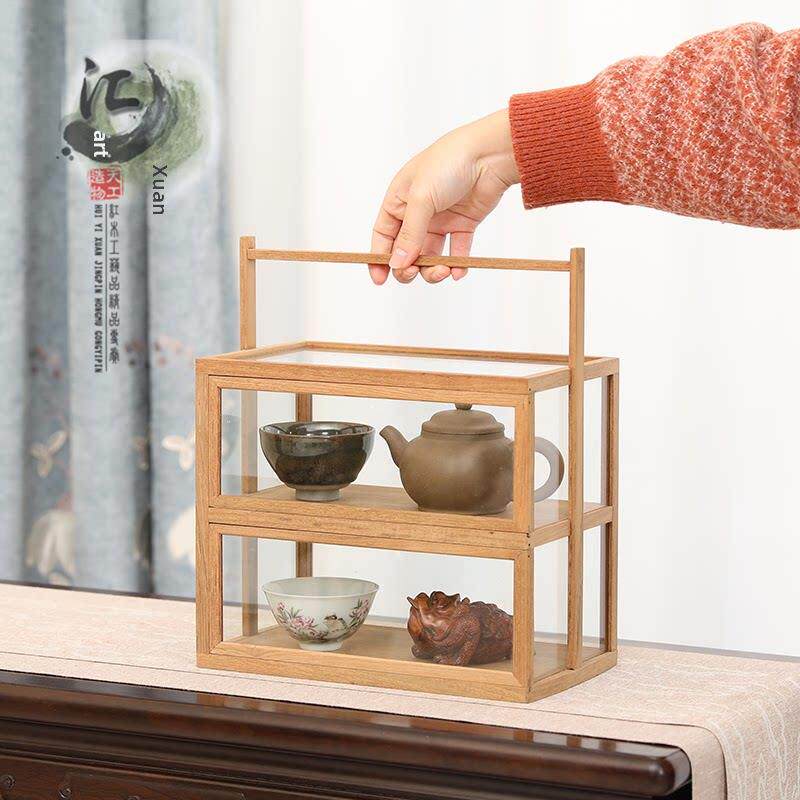 原木现代简约柚木苏工榫卯工艺茶壶木制储物玻璃展示茶柜手工制作