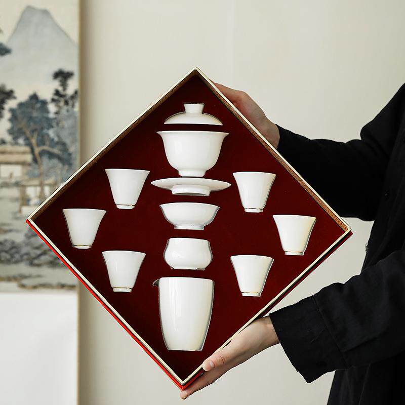 冰种玉瓷简约茶具家用办公室送礼瓷器白瓷羊脂玉盖碗茶杯套组