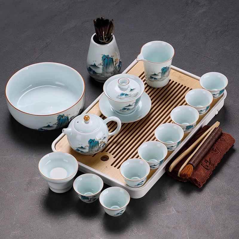 高档顺永白瓷功夫具盖碗茶壶茶杯家用整套白影青脂陶瓷茶具套茶装