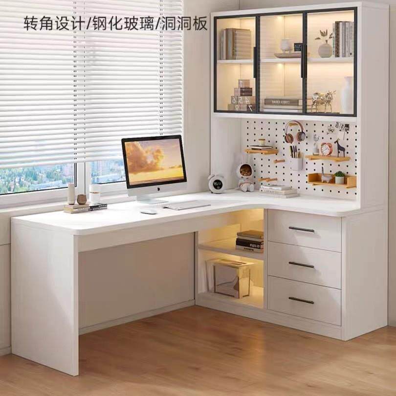 书桌书柜一体桌转角学生卧室家用简易办公写字桌台式电竞电脑桌子