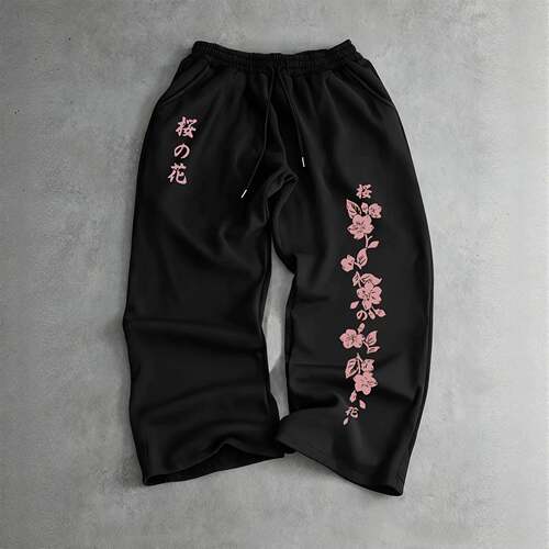 Black Oversized Leg Pink Sakura Print Joggers Japanese