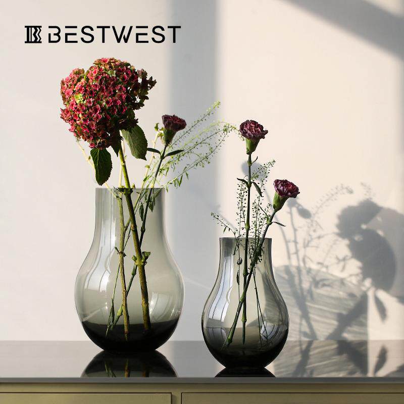 Bestwest马醉木高档青灰色葫芦形玻璃花瓶摆件家居装饰品花器