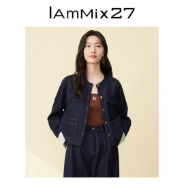 iammix27春季圆领牛仔外套女短款简约休闲百搭复古原牛夹克上衣女