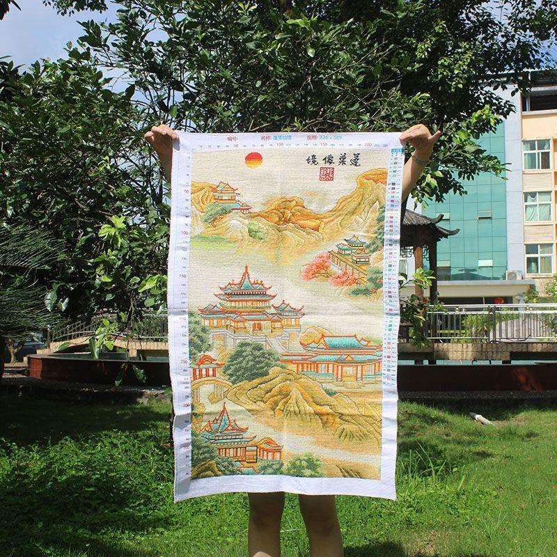绣好的纯手工十字绣成品蓬莱仙境玄关竖版古典风景名画不带框