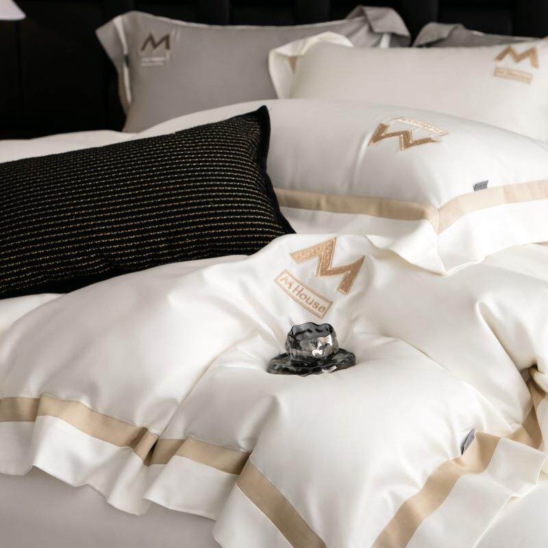 高端简约长绒棉字母刺绣四件套高支高密纯棉被套全棉床单床上用品