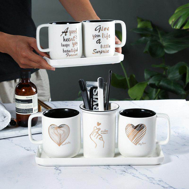 漱口杯网红款陶瓷情侣一对刷牙杯带把家用简约牙刷杯套装组合杯子