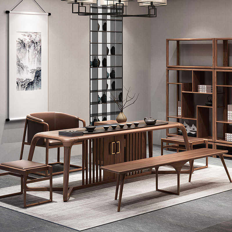 功夫茶台中式会客茶桌泡木家用椅新办公室胡桃木实木茶桌白蜡