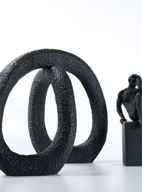 现代极简创意黑白色环形样板房间售楼处大堂抽象展厅软装饰品摆件