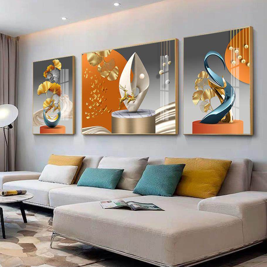 轻奢客厅装饰画,现代极简沙发背景墙三联挂画,高端大气水晶瓷钻