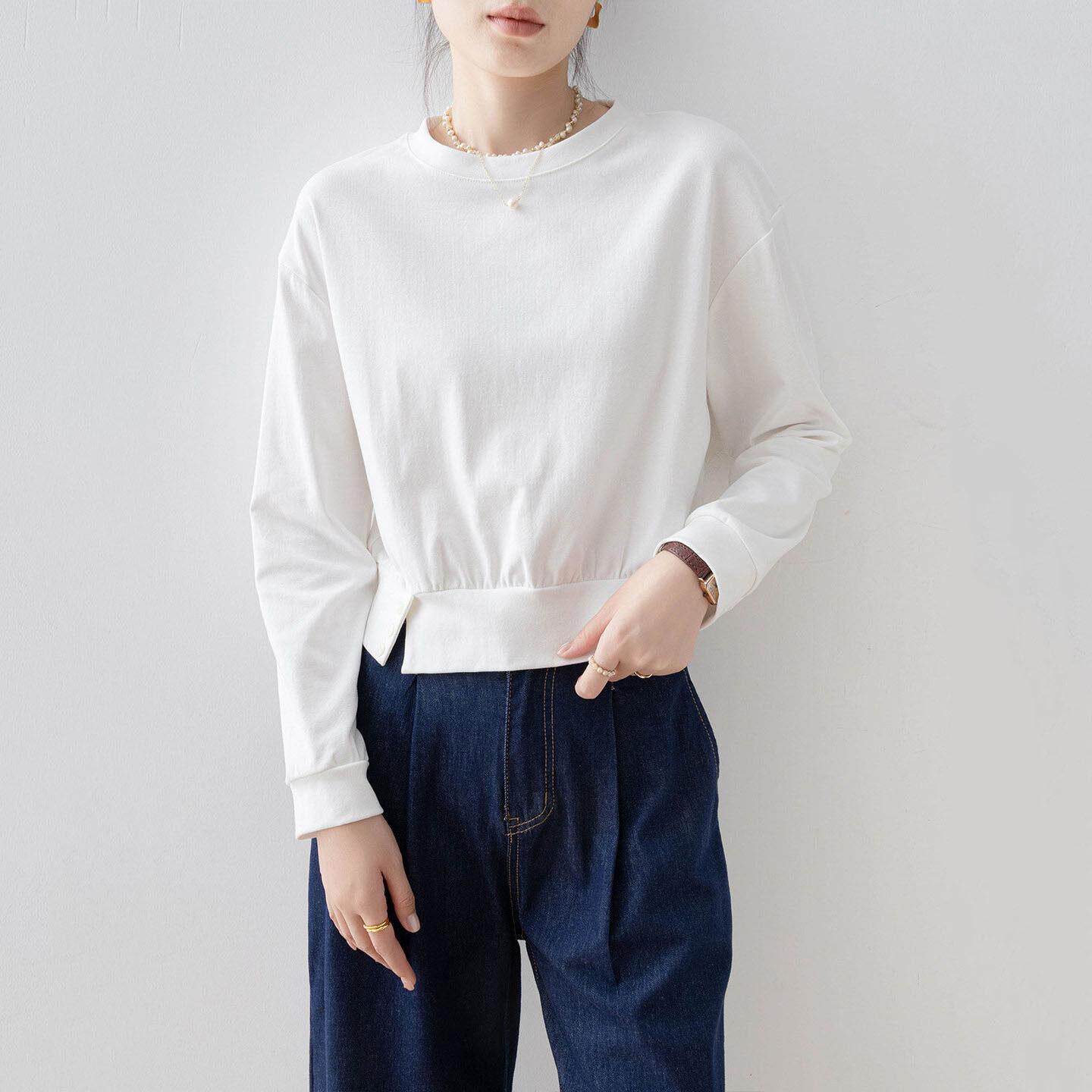 Canary Kiss慵懒风长袖圆领套头T恤女春夏宽松百搭高级侧开叉上衣