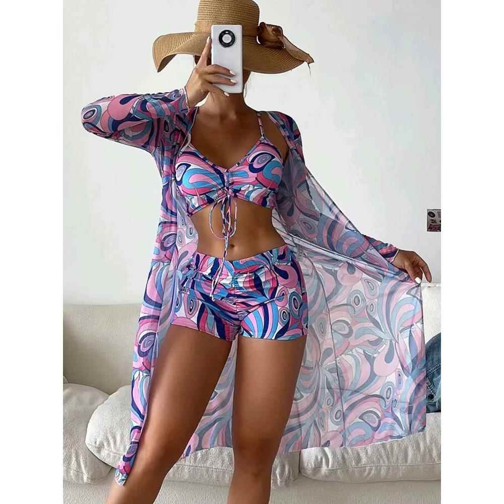 Three-piece swimsuit cover-up boxer shorts swimsuit tulle