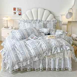 高档小清晰四公主纯棉床套裙件蕾丝花边防风滑全棉床罩套件床上四