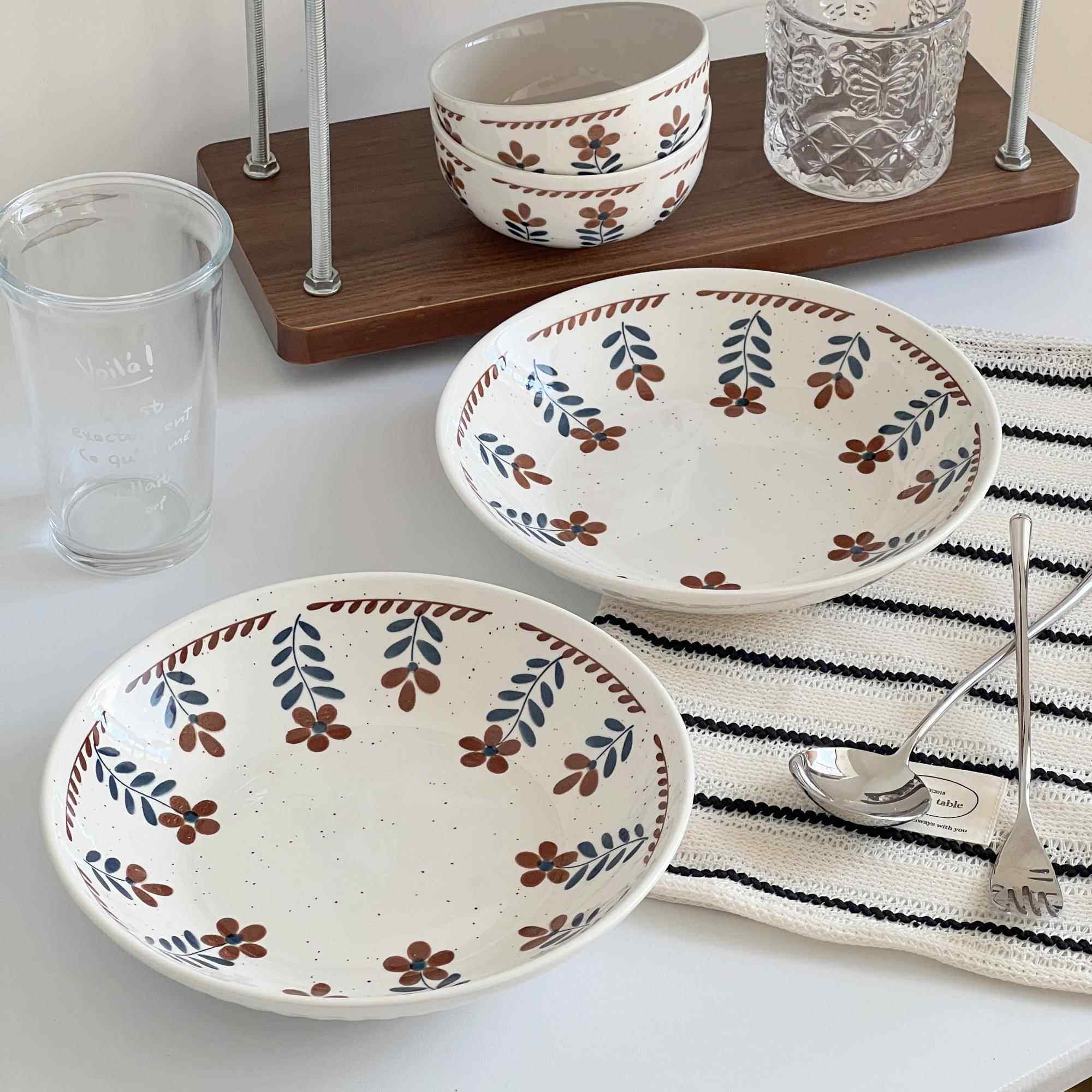 日式覆古小花陶瓷盘子家用盘子釉下彩盘深盘沙拉盘早餐盘高级感,餐饮具,盘,淘宝优惠券,粉丝福利购,淘宝优惠卷