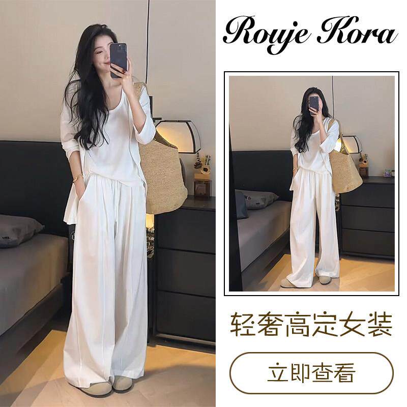 Rouje Kora韩版时尚天丝亚麻衬衫女士春秋高级感背心阔腿裤三件套