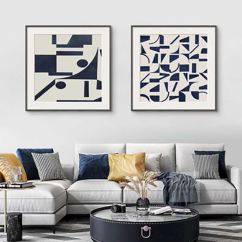 北欧极简抽象客厅装饰画黑白蓝现代沙发背景墙挂画酒店餐厅侘寂风图片