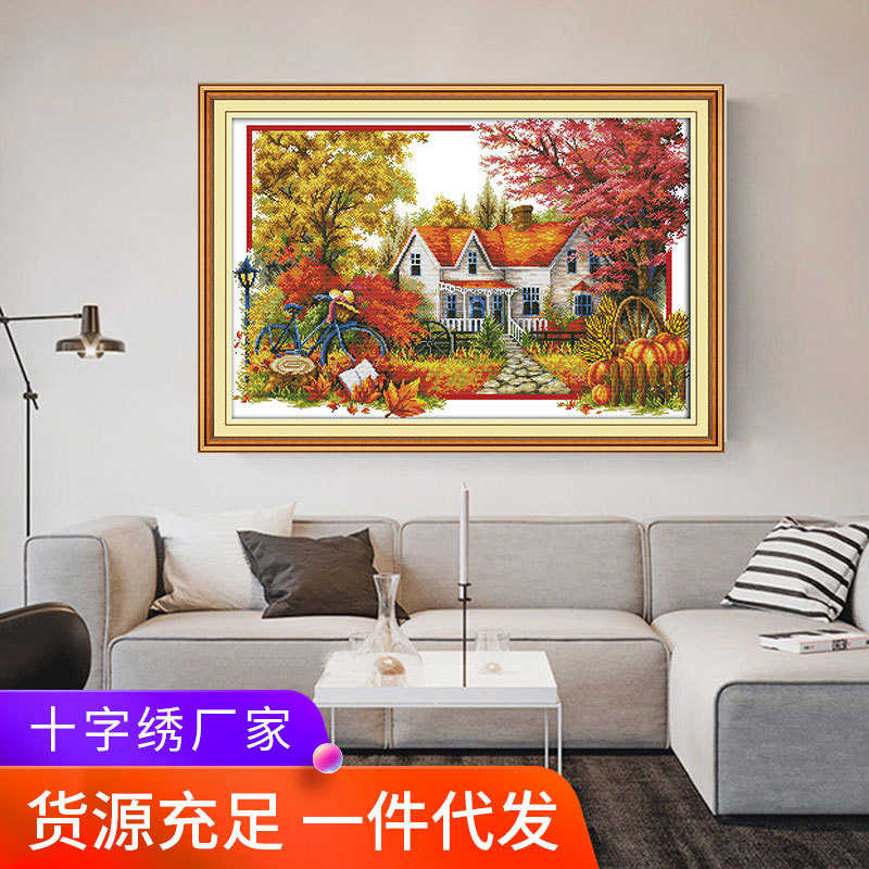 2109新款十字春夏秋四季风景图郊外小屋风景刺绣装饰图材料包代发