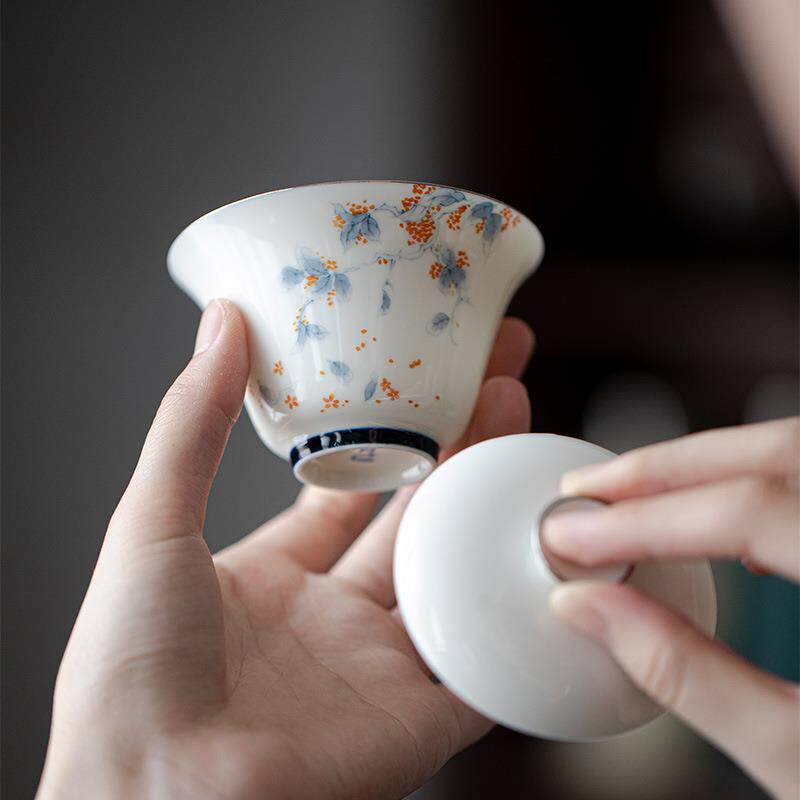 JGL手青手绘青花陶泡瓷盖碗功夫茶具己工白瓷薄胎茶碗桂香点金