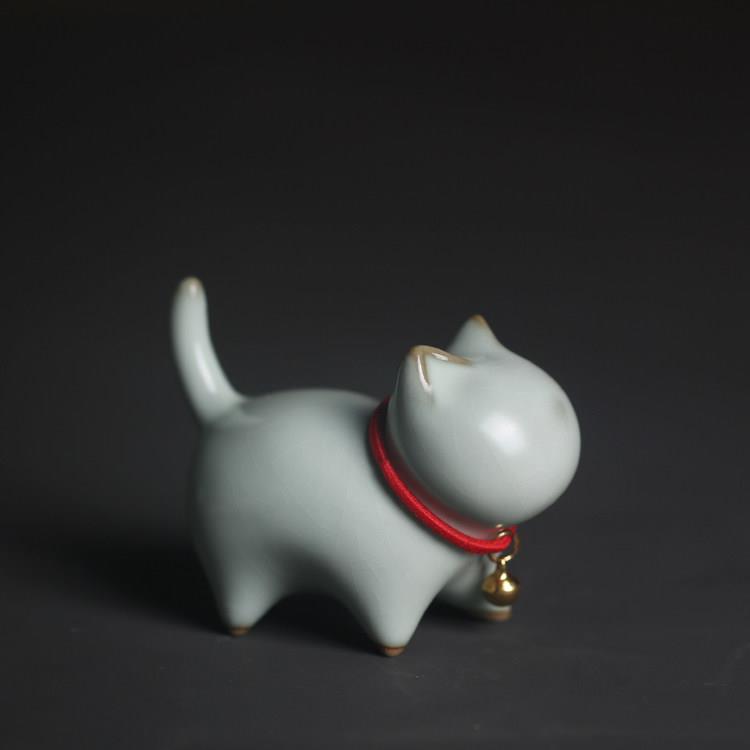 汝窑萌小猫可爱茶宠可养小摆设陶瓷摆饰纸镇开片笔架笔搁送礼猫咪