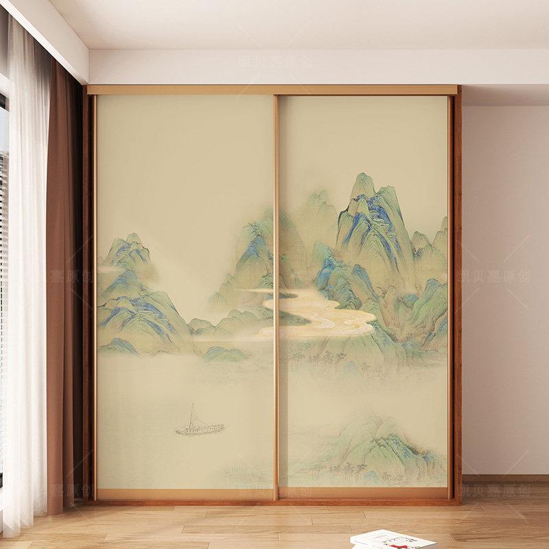 凯贝嘉新中式山水翻新衣柜门贴纸茶室家俱柜子遮丑贴画 画自粘加