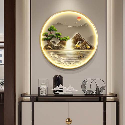 中式入圆形玄关装饰画廊挂画新走流水生财高档山户水带灯画QYZ鱼