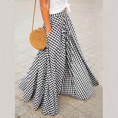Elegant Plaid Midi Dress  Skirt  High Waist A-Line Woven