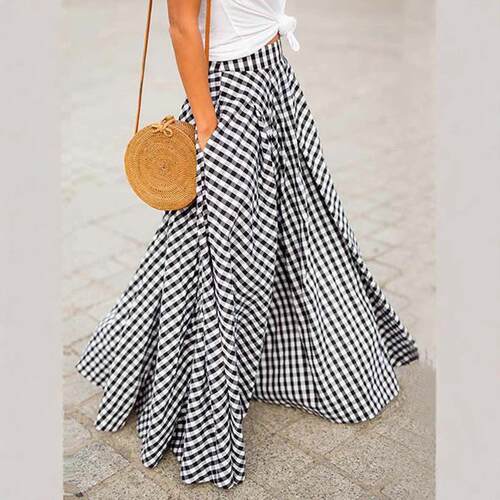 Elegant Plaid Midi Dress  Skirt  High Waist A-Line Woven