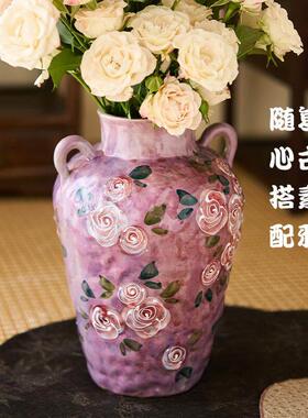 手绘玫瑰陶瓷花瓶中式釉下彩客厅电视柜水培鲜花干插花花器摆件小