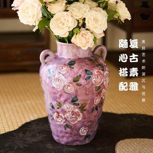 手绘玫瑰陶瓷花瓶中式釉下彩客厅电视柜水培鲜花干插花花器摆件小
