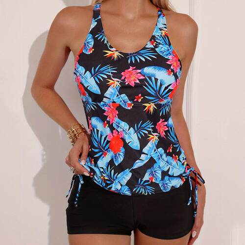 Women's swimsuit, vest, printed boxer shorts, split
