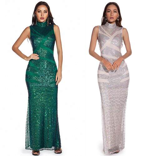 Sleeveless stand up collar sequin embroidered dress, long